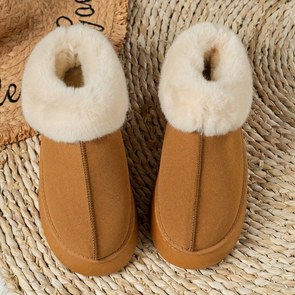 Dark Brown Casual Women's Thick Flat Suede Shearling Slippers - Picture 5 of 5